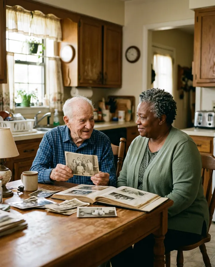 A caregiver and an older man sorting through old family photographs