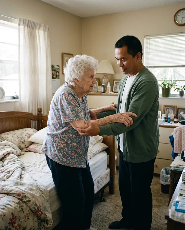 A caregiver helping an older woman stand from the edge of her bed