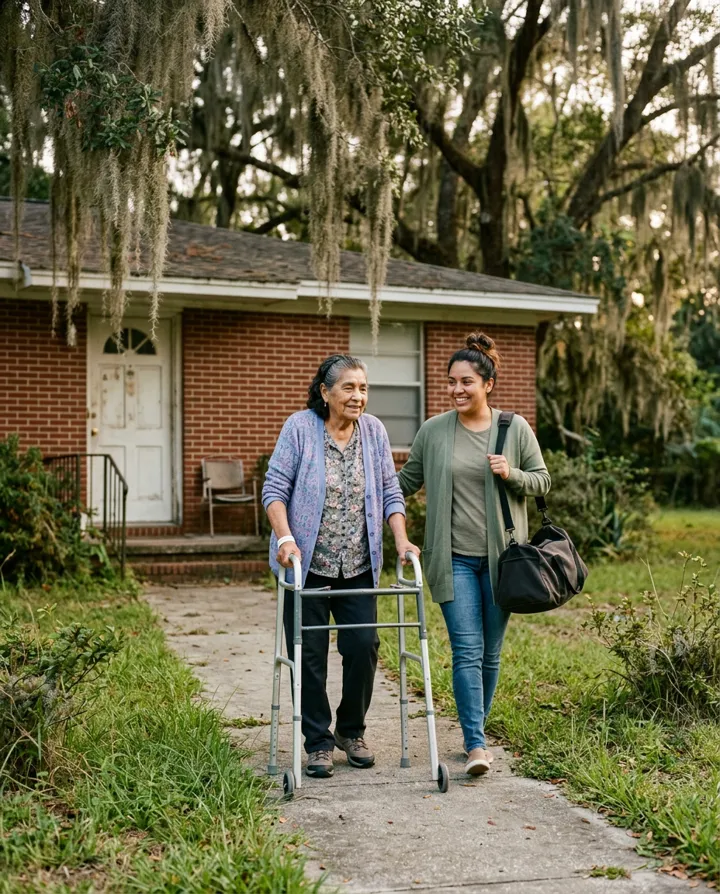 A caregiver walking beside an older woman with a walker outside her Lake City home after a hospital stay