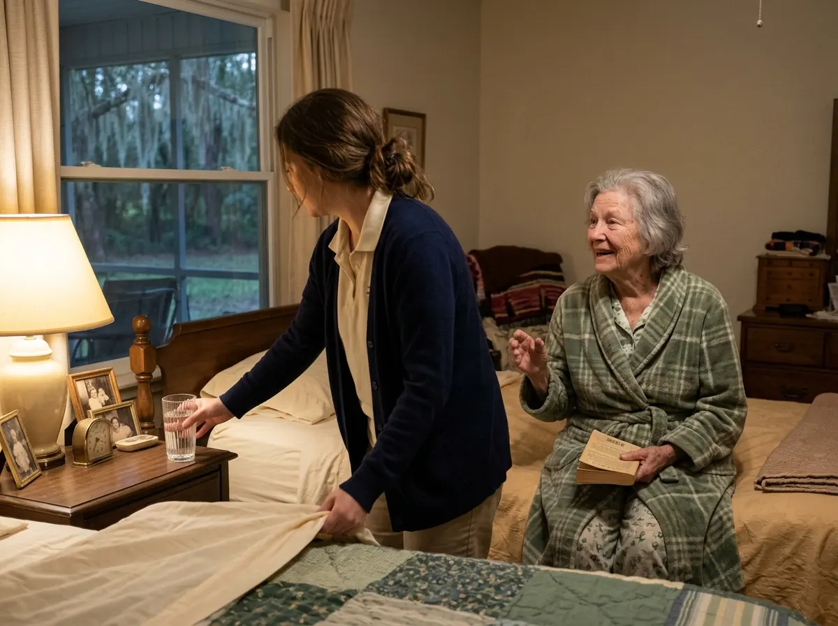 A caregiver getting the bed ready for an older woman in the evening