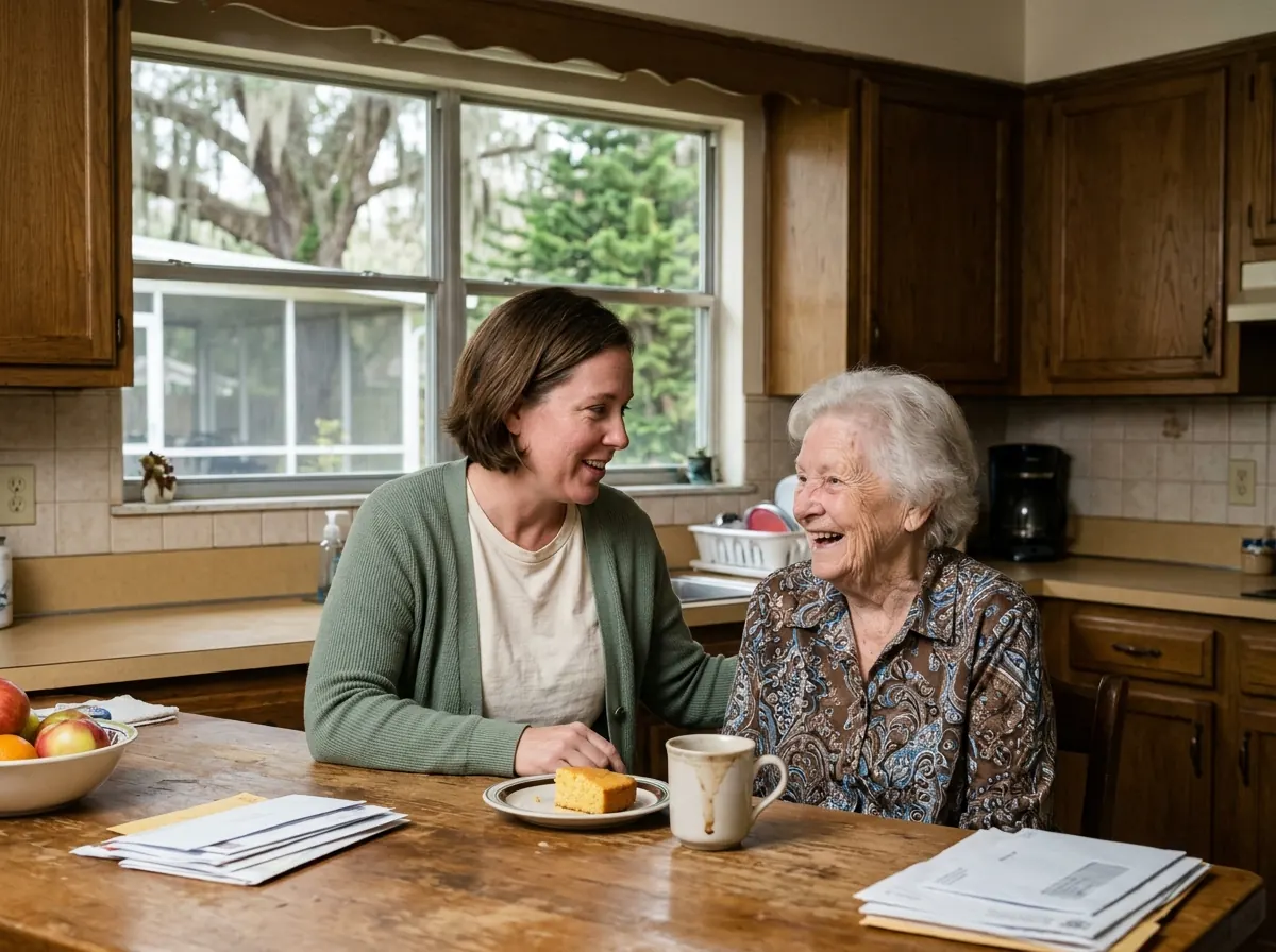 A caregiver and her client laughing together in the kitchen