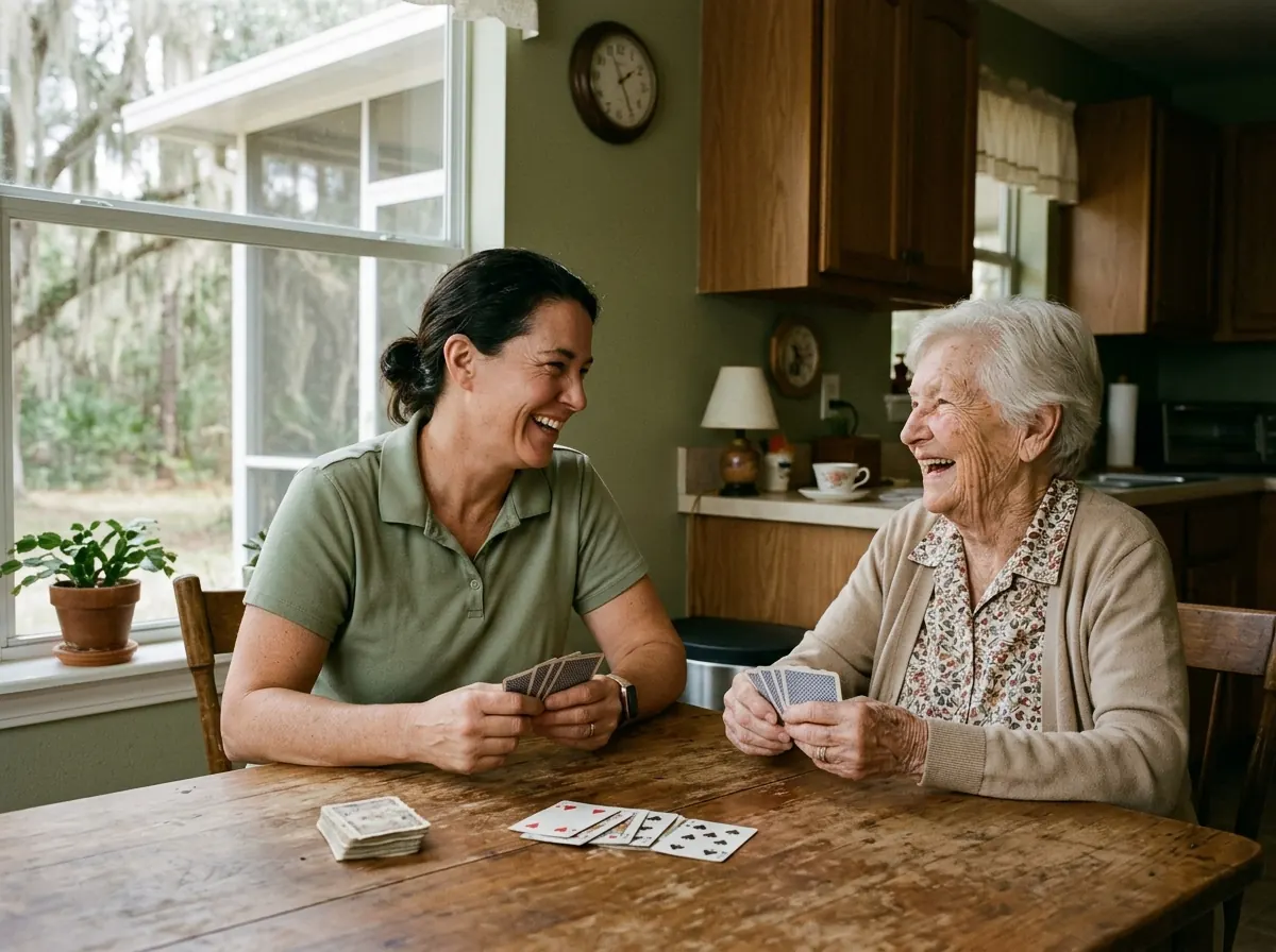 A caregiver and an older woman laughing over a card game