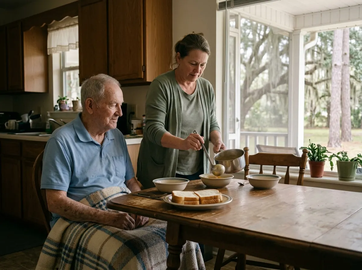 A caregiver serving lunch to an older man recovering at home