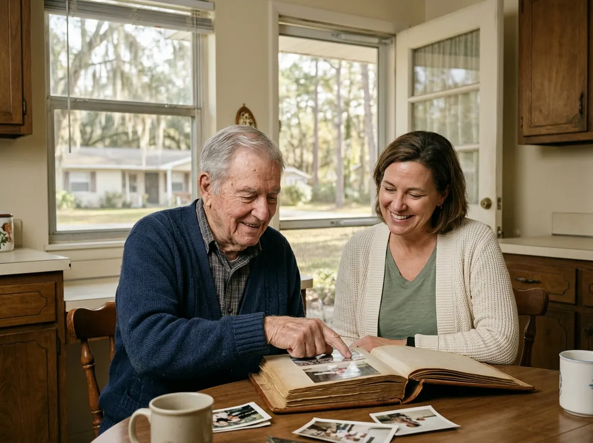 A caregiver and an older man looking through a family photo album