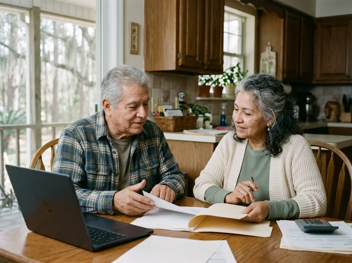 An older couple reviewing their finances at the kitchen table