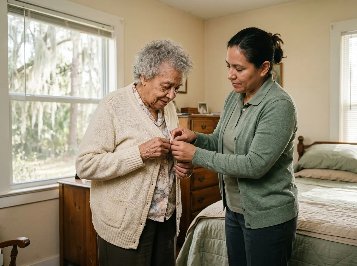 A caregiver helping an older woman button her cardigan