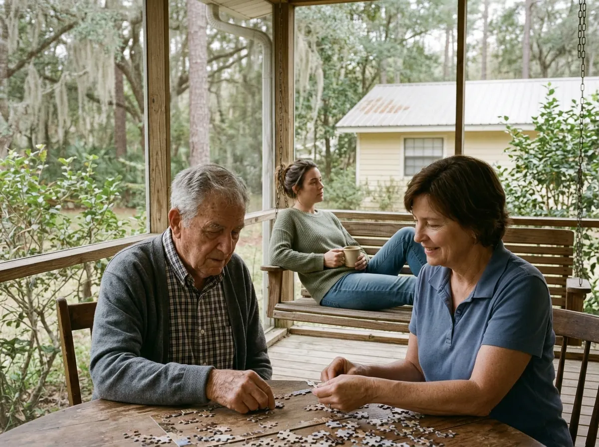 A caregiver doing a puzzle with an older man while his daughter rests on the porch