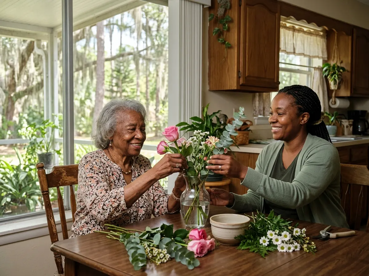 A caregiver and an older woman arranging fresh flowers