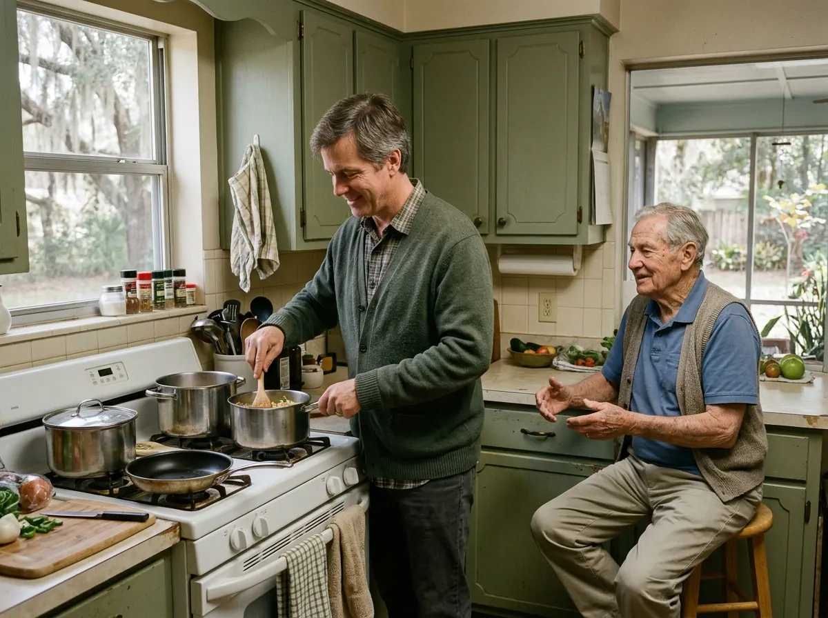 An adult son cooking lunch while his father keeps him company in the kitchen