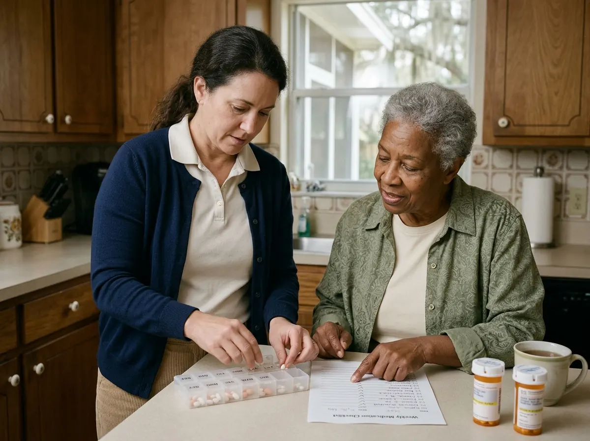 A caregiver organizing a pill box and discharge checklist on the kitchen counter