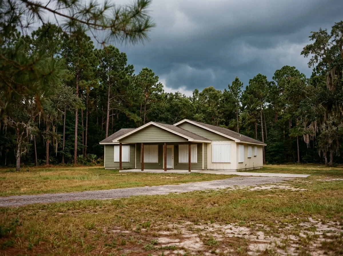 Storm clouds gathering over pine trees and a shuttered North Florida home