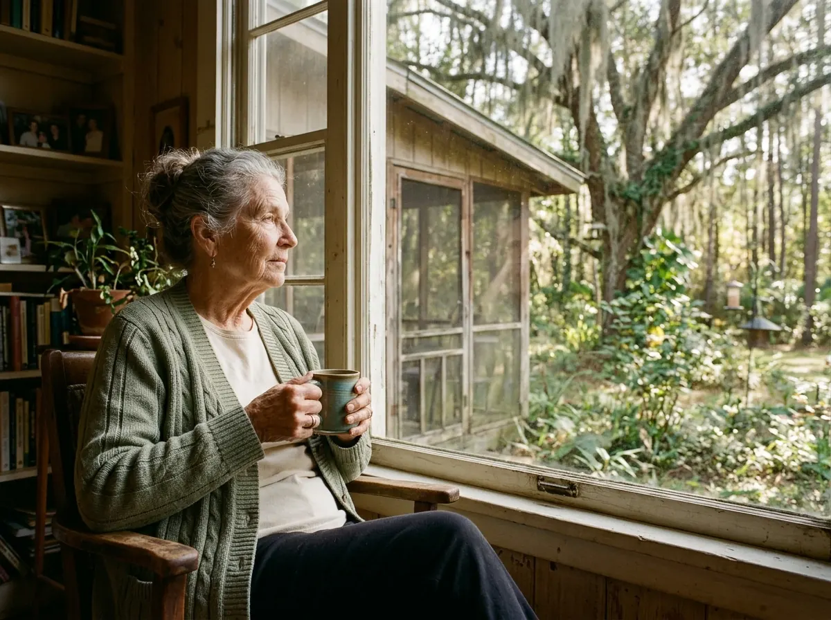 An older woman sitting alone by the window with a cup of coffee