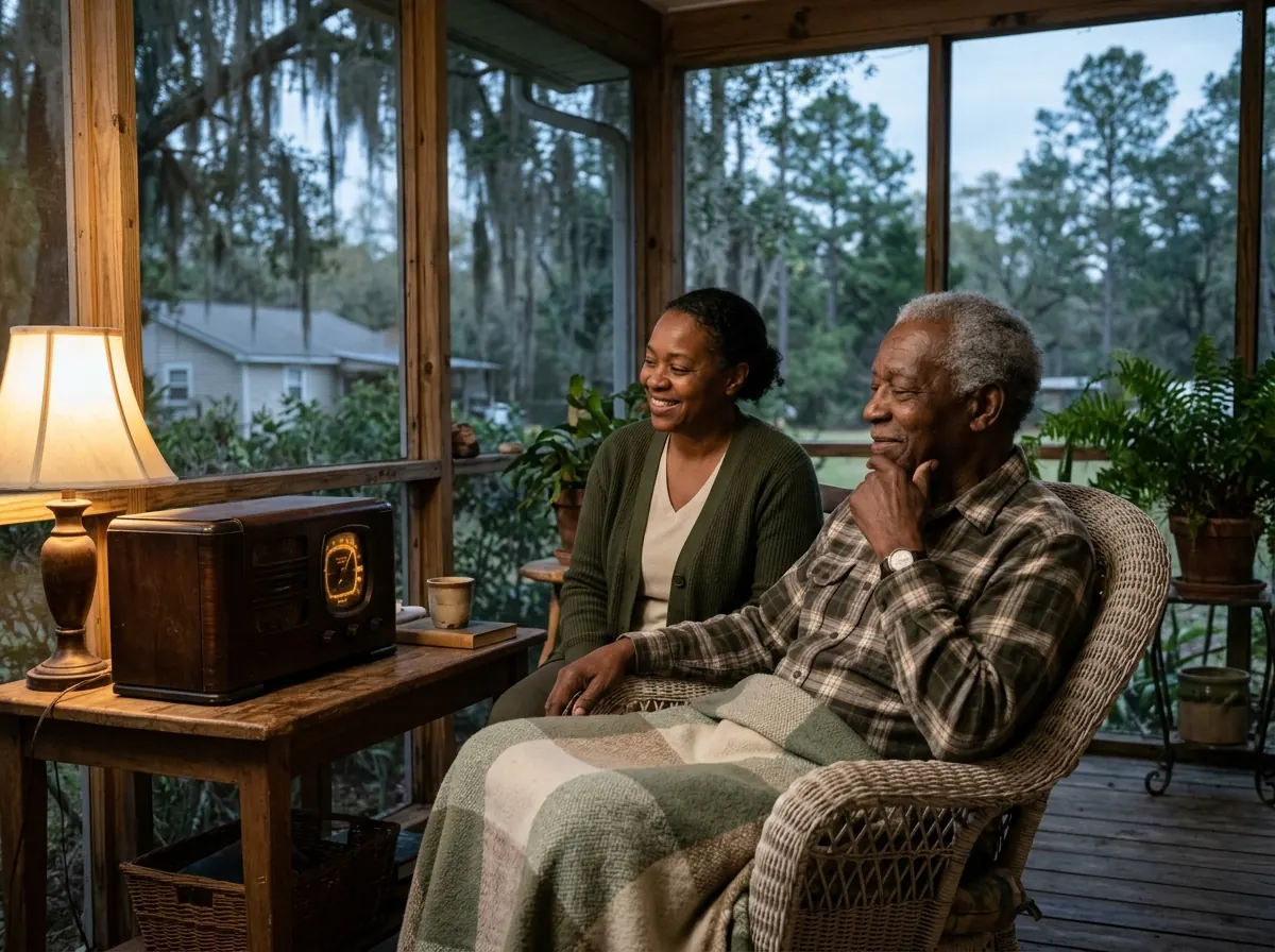 A caregiver and an older man listening to the radio in the evening