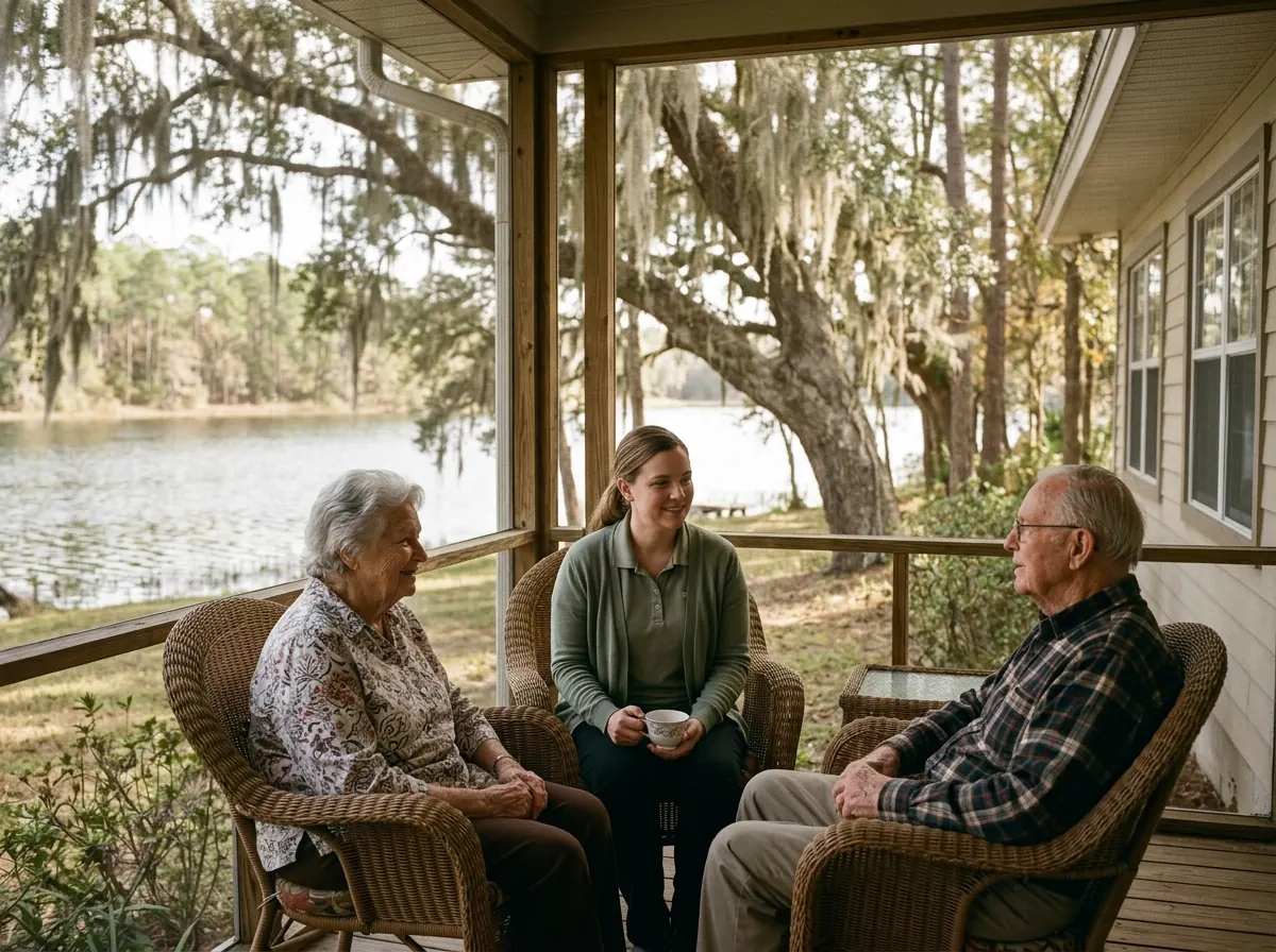 A caregiver and an older couple on a screened porch overlooking a lake in Lake City, FL